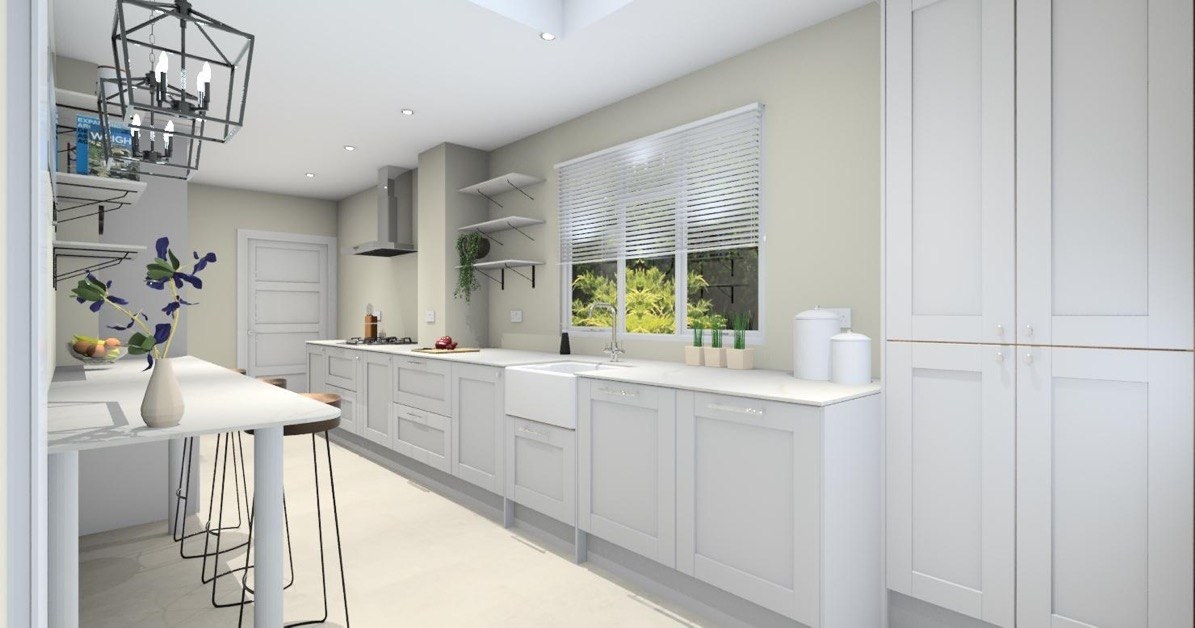 3D design visualisation of a light-grey Shaker kitchen with a Belfast sink, open shelving and a breakfast bar